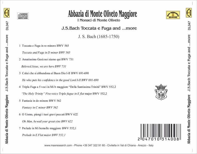 02 DL047 inlay posteriore stampa laser jpg web 800x628 Monastero Monte Oliveto Maggiore   J.S.Bach Toccata e Fuga and ...more (DL047) 